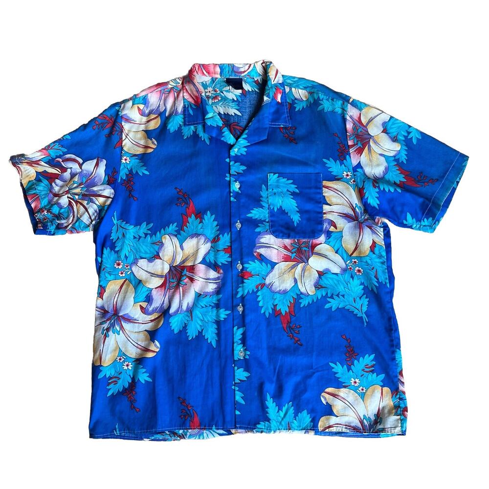 Wrangler Hawaiian Shirt Floral Print Mens Size Large Vintage Button Blue